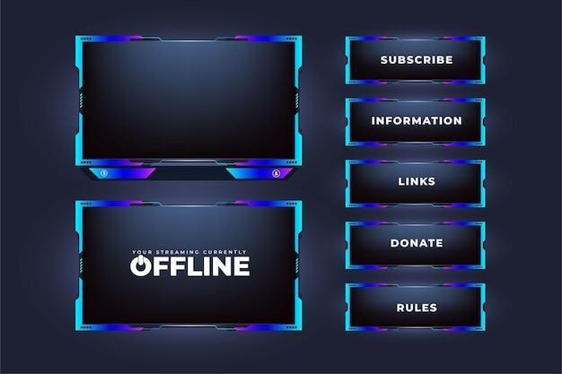 Live online gaming overlay and streaming icon design with buttons Futuristic live streaming button vector with digital abstract shapes Broadcast screen overlay design with blue and purple colors