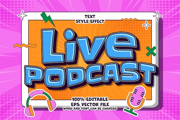 Vector live podcast text effect editable flat cartoon style