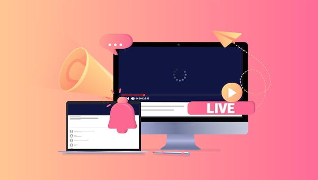 Live red button live to video blog show notification social media background marketing