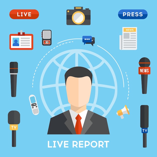 Live report mass media news live press conference vector illustration