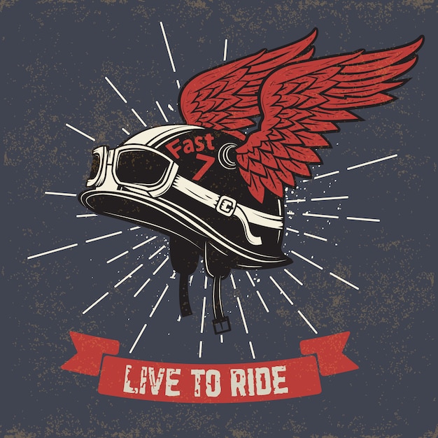 Vivi per guidare. casco del motociclo con le ali su sfondo grunge. elemento per t-shirt stampa, poster, emblema, distintivo, segno.