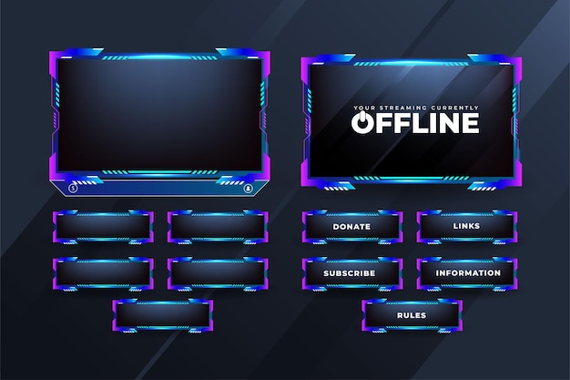 Live screen border and button decoration vector for gamers screen overlay panel design with blue and purple colors broadcast streaming screen overlay vector with modern shapes