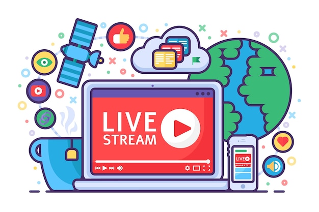 Vector live stream concept icon. online broadcast news idea semi flat illustration. button play. modern channel design. isolated color drawing