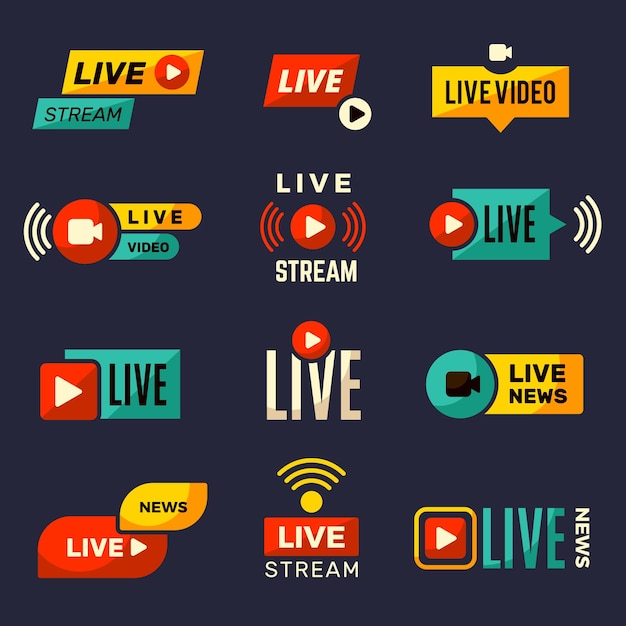 Live stream icon. news or movie broadcasting play tv badges collection  set.