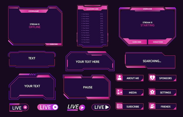 Frame di sovrapposizione dell'interfaccia di streaming live per la trasmissione del giocatore. schermo, pannelli, pulsanti e icone cyber hud per il set di vettori di streaming di giochi