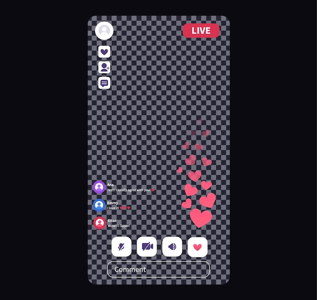 Vector live stream interface with likes appreciations stories screen template for mobile application