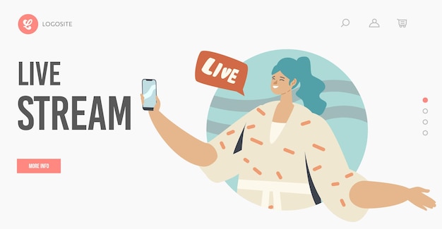 Modello di pagina di destinazione del live streaming. donna con smartphone in mano che guarda vlog, comunica in rete o naviga in pagine web online. chat virtuale di caratteri di internet. fumetto illustrazione vettoriale