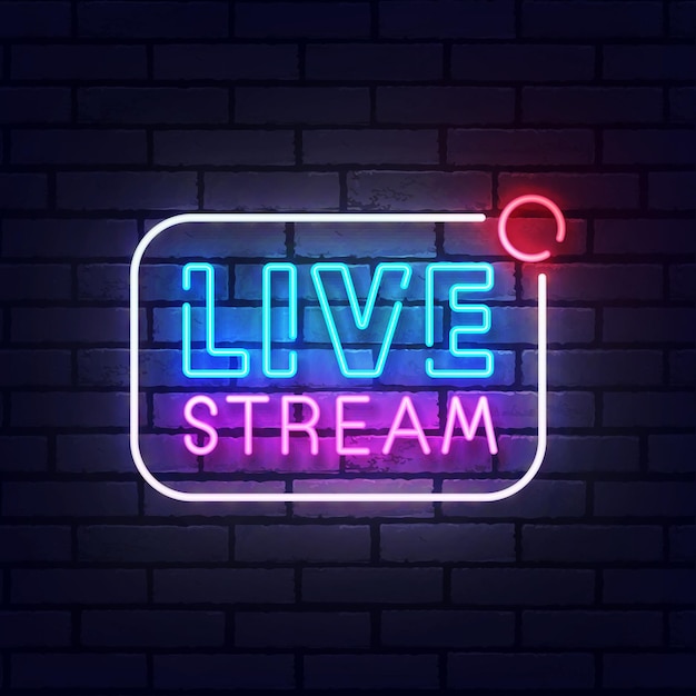 Live Stream неоновая вывеска, яркая вывеска, световой баннер. Live Stream логотип неон, эмблема. Векторная иллюстрация