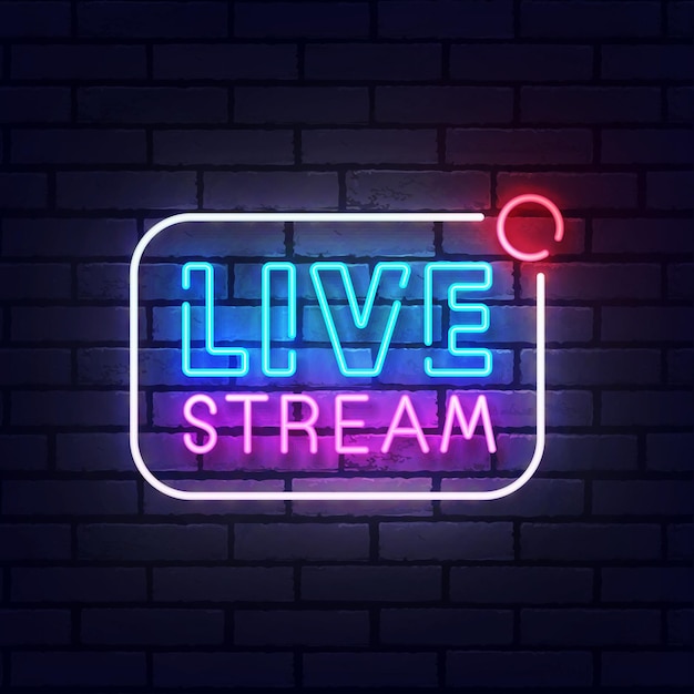 Vettore insegna al neon live stream, insegna luminosa, striscione luminoso. logo in diretta streaming al neon, emblema. illustrazione vettoriale