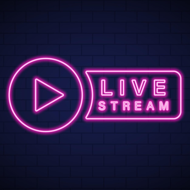 Live stream neon sign on wall brick background online broadcast night light symbol