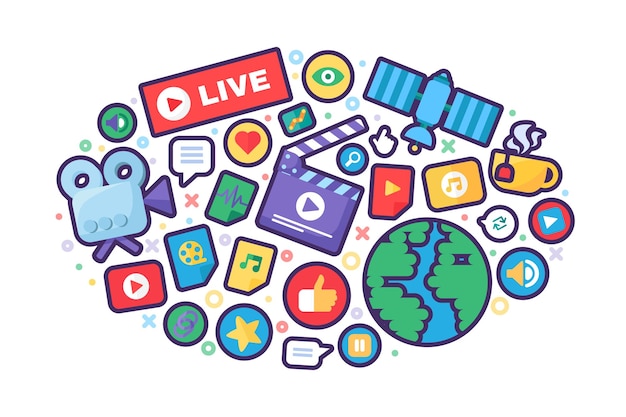 Live stream produceren concept icoon. sociale media idee dunne lijn illustratie. wereldwijde nieuws semi-platte badges. modern omslagontwerp. vector geïsoleerde schets kleur tekening