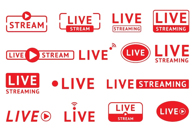 Live stream uitzending en online evenement icoon Onderwijs in radio studio grafische livestream media kanaal logo tv knop Streaming rode labels en stickers Vector achtergrond tekst