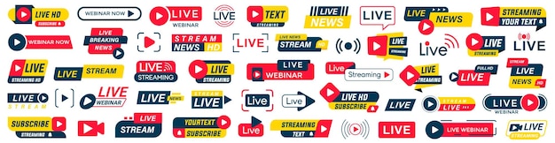 Live streaming badge collection Live broadcasting icons Buttons for broadcasting live stream online webinar