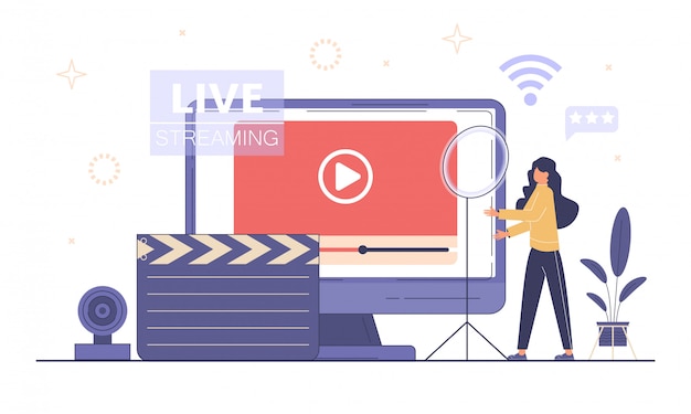 Vector live streaming, broadcast concept. video podcast blogging.