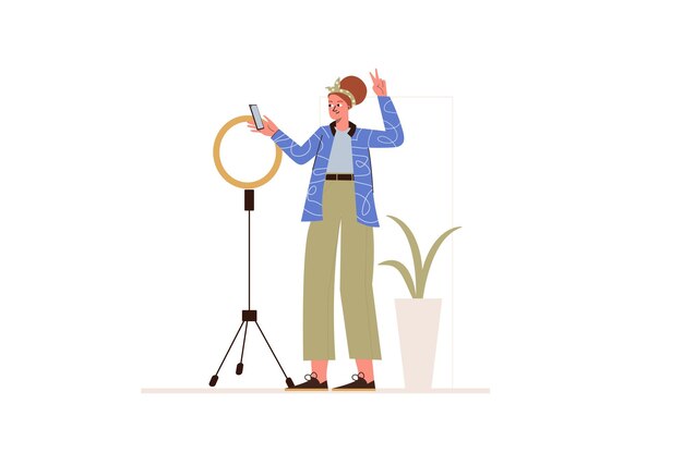 Live streaming concept in plat ontwerp Jonge meisjesblogger die online uitzendt naar volgers met behulp van ringlichtlamp en smartphone vanuit huis Vectorillustratie met geïsoleerde mensenscène voor webbanner