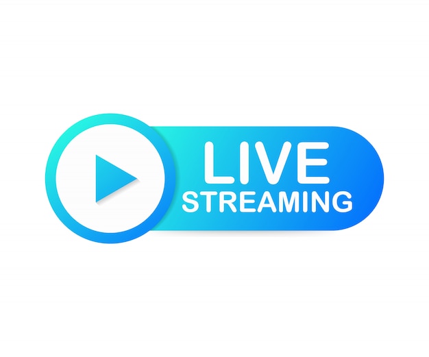 Live streaming flat logo - Blue design element with play button. 