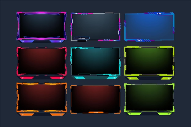 Live streaming and gaming frame bundle design with neon effect Broadcast screen overlay set vector with green yellow and purple colors Futuristic online gaming overlay vector collection