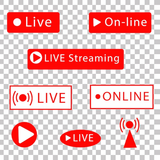 Live Streaming icons. Red symbols and buttons of live streaming, broadcasting, online stream. Vector