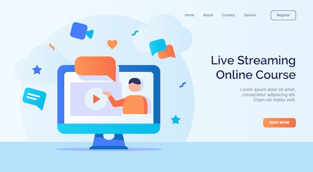 塗りつぶされた色のモダンなフラットスタイルデザインのキャンペーンwebサイトのホームページのランディングページテンプレートのライブストリーミングオンラインコース。
