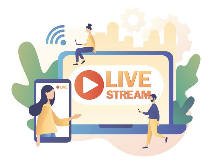 Vector live streaming online video chat tiny people that conduct and watch live stream in social networks