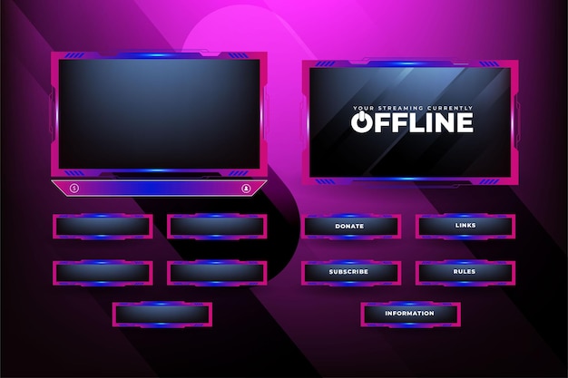 Decorazione in sovrapposizione in live streaming con sfumatura rosa e blu femminile pannello dello schermo di gioco online e design del bordo per i giocatori elementi di trasmissione in diretta vettoriale con pulsanti colorati