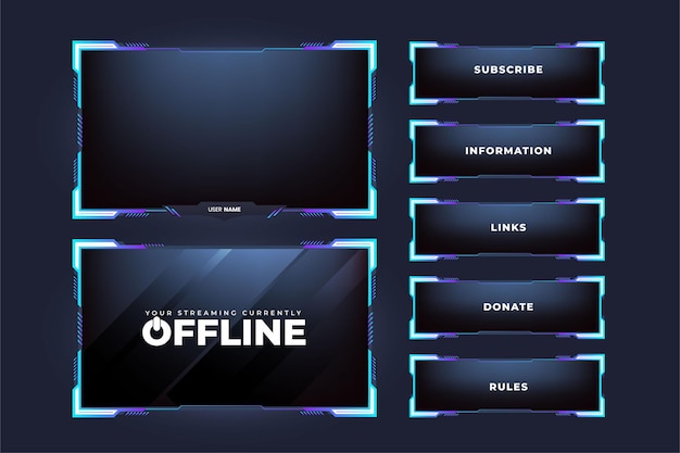 Live streaming overlay for online gamers Gaming frame and streaming template with blue color Simple streaming overlay and screen interface vector on a dark background Modern gaming frame design