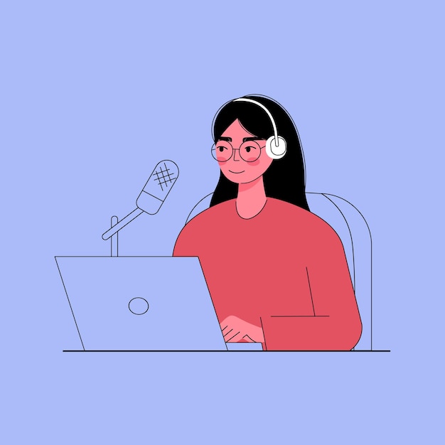 Live streaming podcast vector flat illustration woman in headphones talking in studio recording podcast