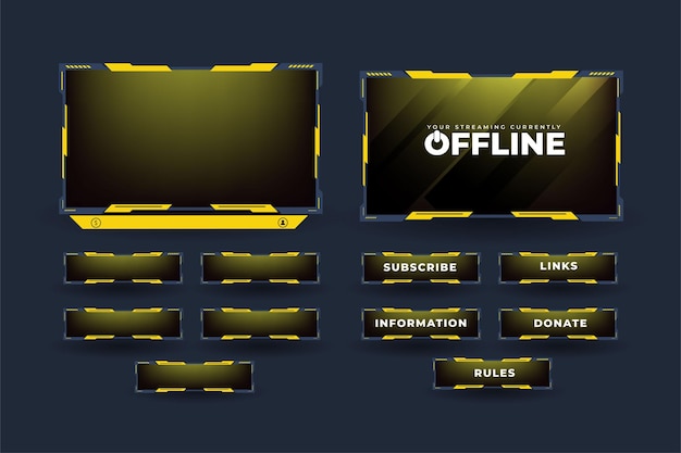 Vector live streaming screen overlay vector for online gamers broadcast streaming overlay with yellow and dark colors live gaming overlay decoration with subscribe buttons and an offline screen