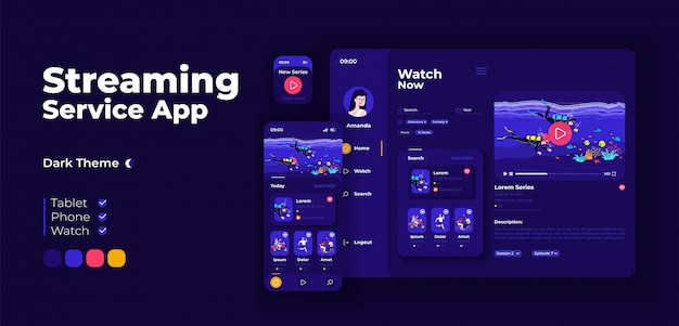 Live streaming service app screen adaptive design template. Video blogging application night mode interface with flat characters. Public broadcasting smartphone, tablet, smart watch cartoon UI.