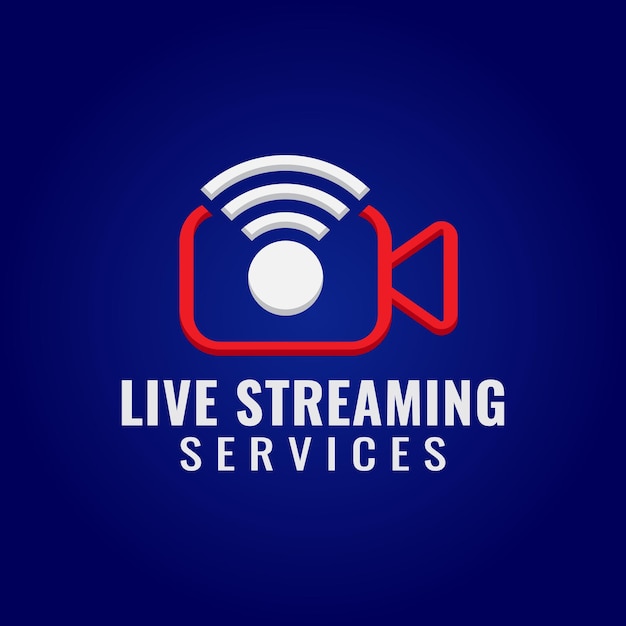 Live streaming services company logo design template pictorial marks logo concept with video camera and wireless signal icon red blue and white as color identity