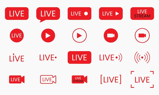 Live streaming set red icons play button icon vector