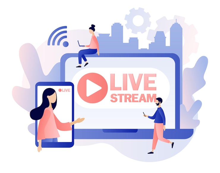Vector live streaming tiny people that conduct and watch live stream in social networks online video chat