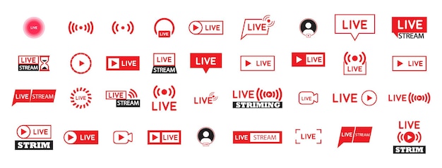 Vector live streaming vector iconen. verzameling van livestream-logo. live streaming stelt rode pictogrammen in.