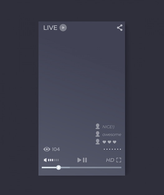 Live streaming video player interface, mobile app, vector ui, vertical orientation