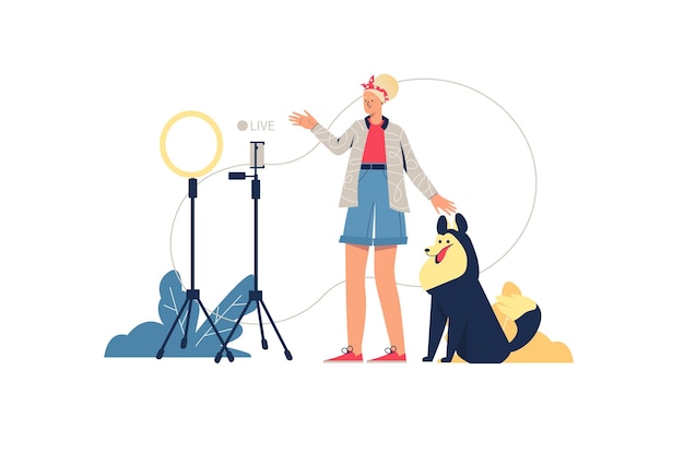 ライブストリーミングウェブのコンセプト。 bloggerは、ビデオブロードキャストでサブスクライバーとオンラインで通信します。犬の生放送、最小限の人々のシーンを持つ女性。ウェブサイトのフラットなデザインのベクトル図