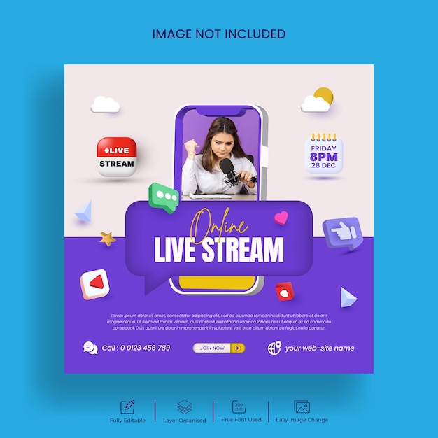 Live streaming webinar promotie sociale media Instagram post banner blauwe sjabloon met 3d render