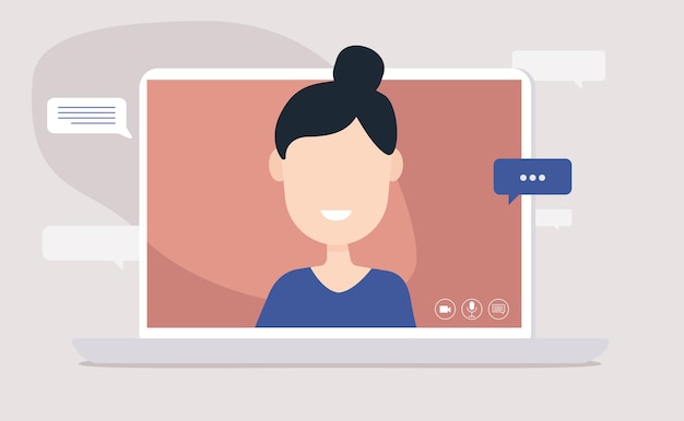 Live video streaming concept. Girl Broadcasting Live On screen. Video conference remote working. Flat vector illustration.