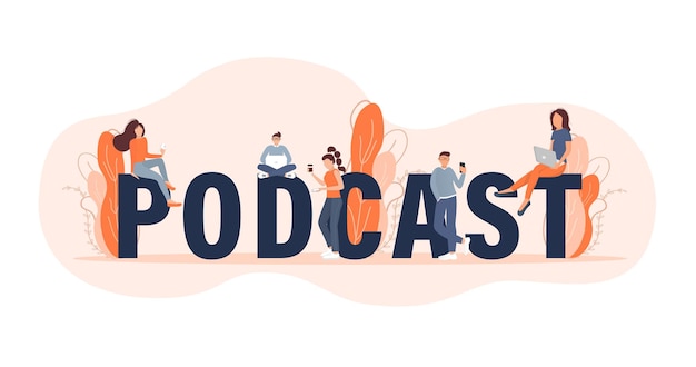 Live webcast in vlakke stijl met mensen Luister naar podcast Platte illustratie Vectorillustratie