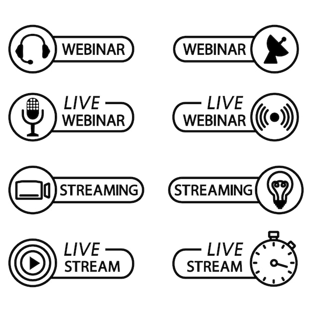 ライブウェビナーとストリームボタンのアイコン。ビデオ会議、ウェビナー、ビデオチャット、オンラインコース、遠隔教育、ビデオレクチャー、会議、ライブストリーミングのアウトラインアイコン。放送シンボル