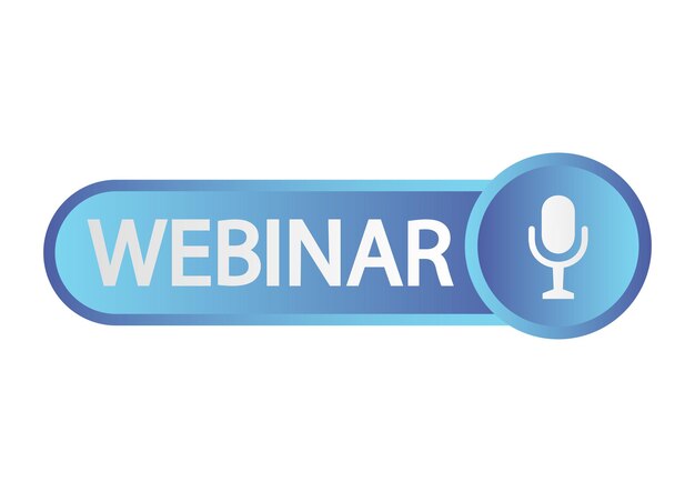 Live Webinar Button. Blue color icon for online course, distance education, video lecture, internet group conference, training test. Live webinar with microphone, broadcasting icons