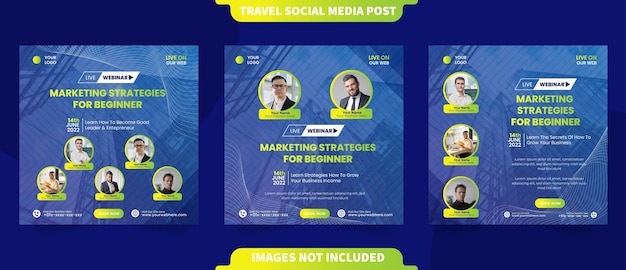 Strategia di marketing digitale per webinar dal vivo per volantino quadrato con banner post sui social media con modello di foto modificabile