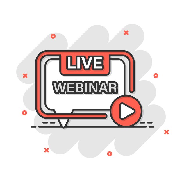 Live webinar icoon in komische stijl online training cartoon vector illustratie op geïsoleerde achtergrond conferentie stream splash effect teken bedrijfsconcept