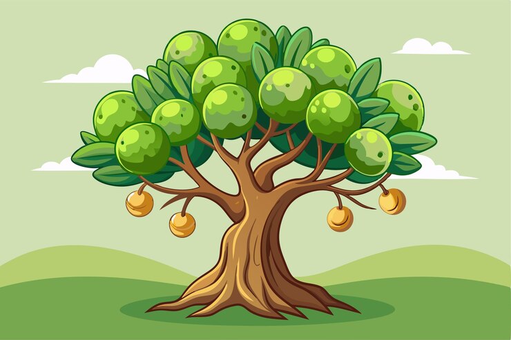 Vector a lively illustration showcases a customizable olive tree with lush green leaves and ripe olives beneath a clear sky customizable cartoon illustration of an olive tree