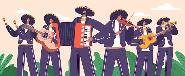 활기찬 Mariachi 음악가 캐릭터 밴드는 트럼펫 바이올린 및 기타와 같은 전통 멕시코 악기를 연주하여 활기차고 매혹적인 음악 경험 만화 벡터 그림을 만듭니다.