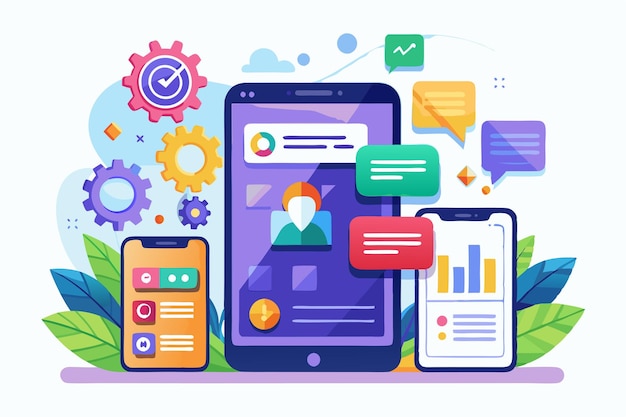 a lively mobile app showcases user profiles notifications and analytics across devices with captivating graphics interface for mobile application software or program