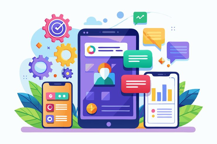 Vector a lively mobile app showcases user profiles notifications and analytics across devices with captivating graphics interface for mobile application software or program