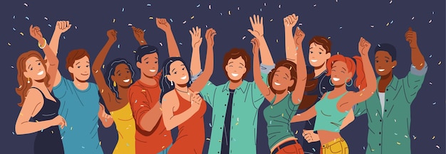 Lively multiethnic party guests dancing flat cartoon art