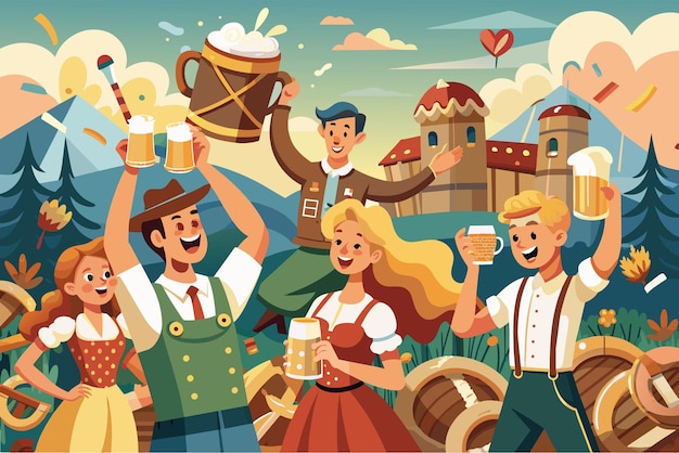 Вектор lively photograph of people celebrating oktoberfest with beer pretzels and traditional bavarian music with lederhosen and dirndls adding to the festive atmosphere