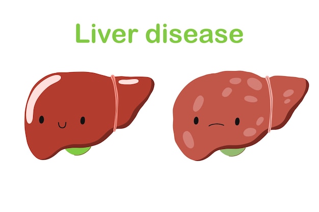 Liver disease A sick and healthy liver Cartoon character organ Cirrhosis and hepatitis Cancer