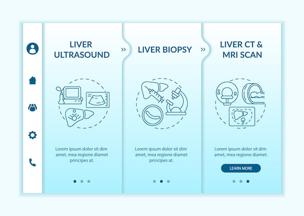 Modello di vettore di onboarding che identifica il fegato. sito mobile reattivo con icone. procedura dettagliata della pagina web in 3 schermate. biopsia epatica, concetto di colore della scansione tc con illustrazioni lineari